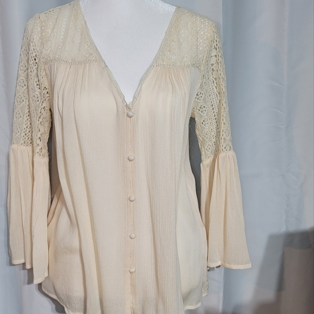 Cream Pleated Blouse with Peter Pan Collar